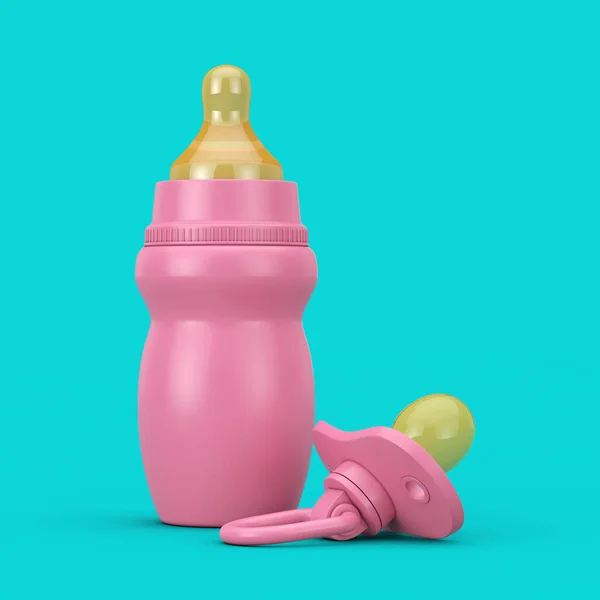 空的空白粉红婴儿奶瓶 配以杜通风格的安抚剂 蓝色背景 3D渲染 — 图库照片