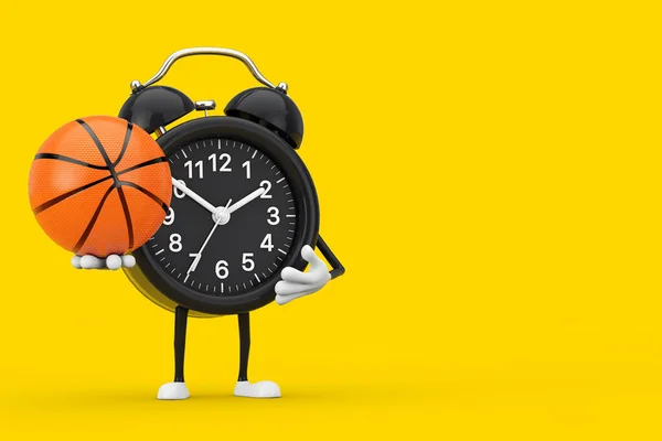 Ρολόι Ξυπνητήρι Μασκότ Χαρακτήρα Μπάλα Μπάσκετ Κίτρινο Φόντο Απόδοση — Φωτογραφία Αρχείου