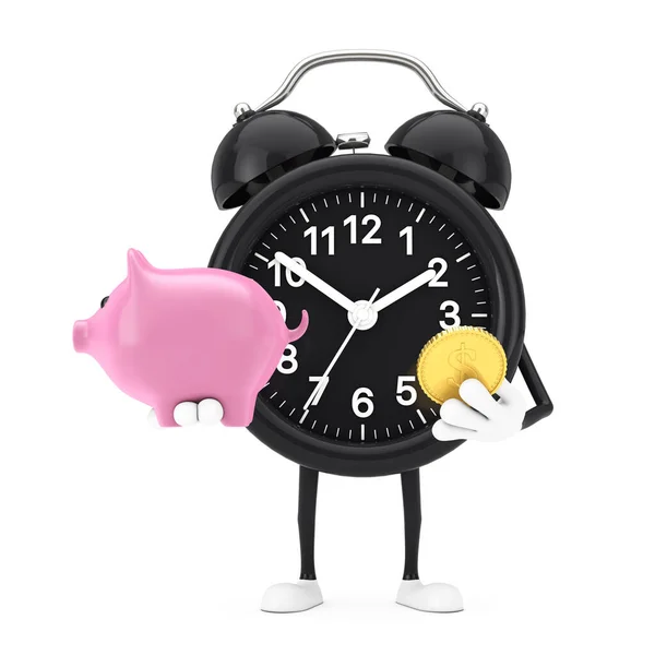 Alarm Clock Character Mascot Piggy Bank Golden Dollar Coin White — Stock Photo, Image