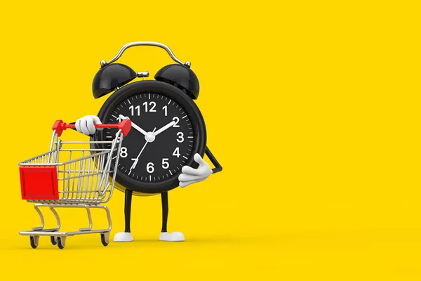 Ceasul Deșteptător Mascota Caractere Cărucior Cumpărături Fundal Galben Redare — Fotografie, imagine de stoc