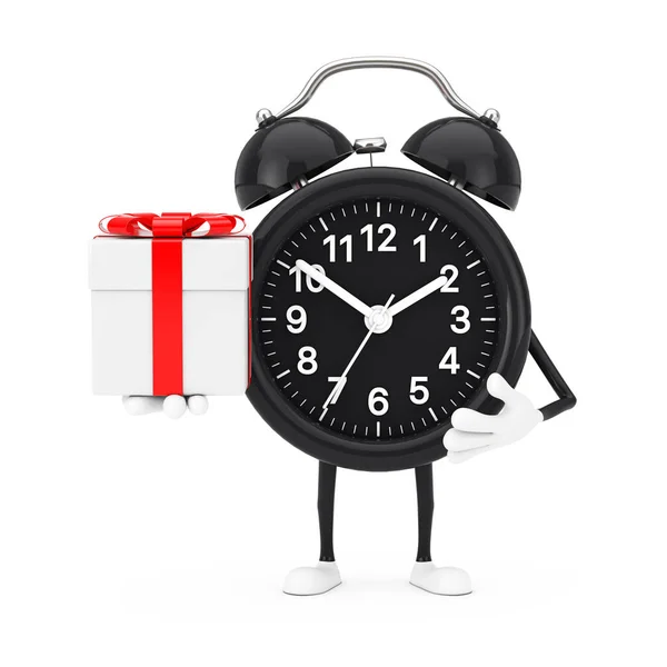 Alarm Clock Character Mascot Gift Box Red Ribbon White Background — 스톡 사진
