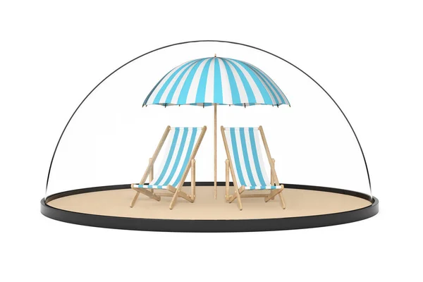 Travel Safety Concept. Two Beach Relax Pool Chairs with Sunshade under Glass Bell Dome on a white background. 3d Rendering