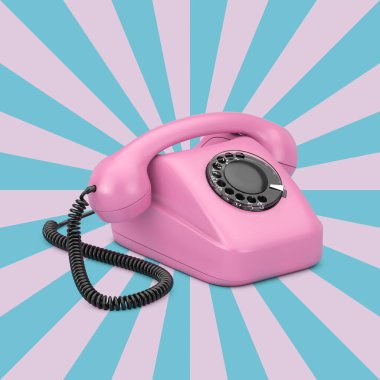 Klasik Star Shape Pembe ve Mavi arka planda Pembe Vintage Styled Rotary Phone. 3d Hazırlama