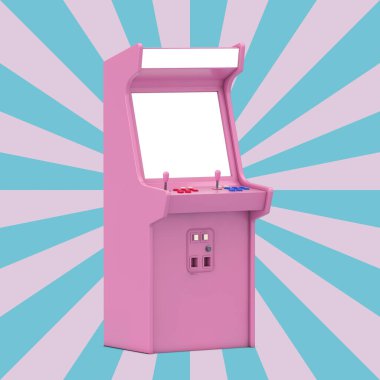 Vintage Star Shape Pembe ve Mavi arka planda Tasarımınız İçin Boş Ekran ile Pembe Oyun Arcade Machine. 3d Hazırlama