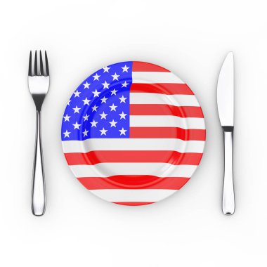 Amerikan Gıda veya Mutfak Konsepti. Çatal, Bıçak ve Tabak beyaz arka planda ABD Bayrağı ile. 3d Hazırlama