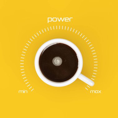 Siyah Kahve Kupası 'nın En İyi Görünümü sarı arka planda Maksimum Değerde Güç Kontrolü. 3d Hazırlama