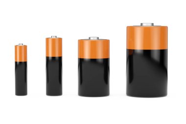 Alkaline Batteriy Simgesi, Diffrent AAA, AA, C, D Boyutu ve Tasarımınız için Boş Alan ile beyaz bir arkaplanda. 3d Hazırlama