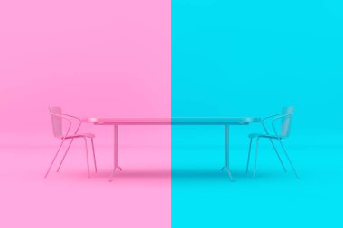 Yüzleşme Konsepti. Pembe ve Mavi Sandalyeler ve Masa, Duotone Tarzı olarak pembe ve mavi arkaplan önünde. 3d Hazırlama