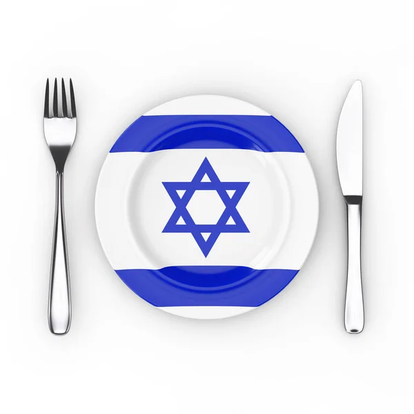 Concepto Comida Cocina Israelí Tenedor Cuchillo Placa Con Bandera Israel — Foto de Stock