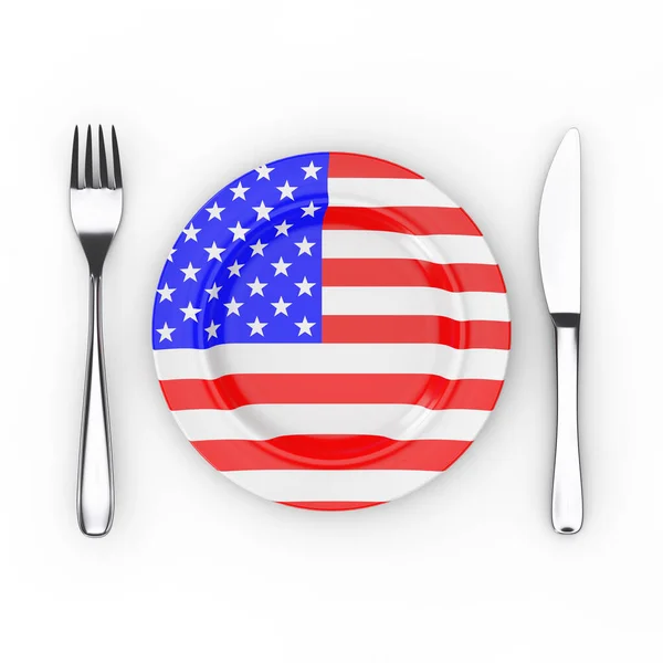 Cibo Americano Concetto Cucina Forchetta Coltello Piatto Con Bandiera Usa — Foto Stock