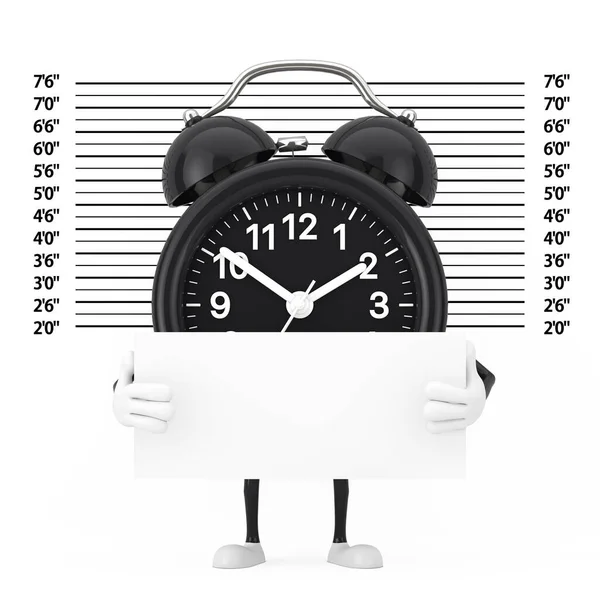 Zwarte Alarm Klok Karakter Mascotte Met Identificatie Plaat Voorkant Van — Stockfoto