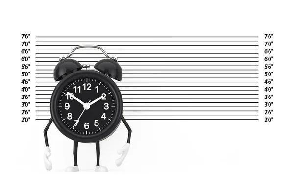 Black Alarm Clock Character Mascote Frente Lineup Polícia Mugshot Fundo — Fotografia de Stock