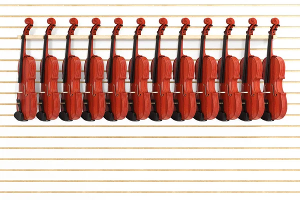 Linhas Violinos Madeira Vermelha Vintage Para Venda Pendurado Prateleira Loja — Fotografia de Stock