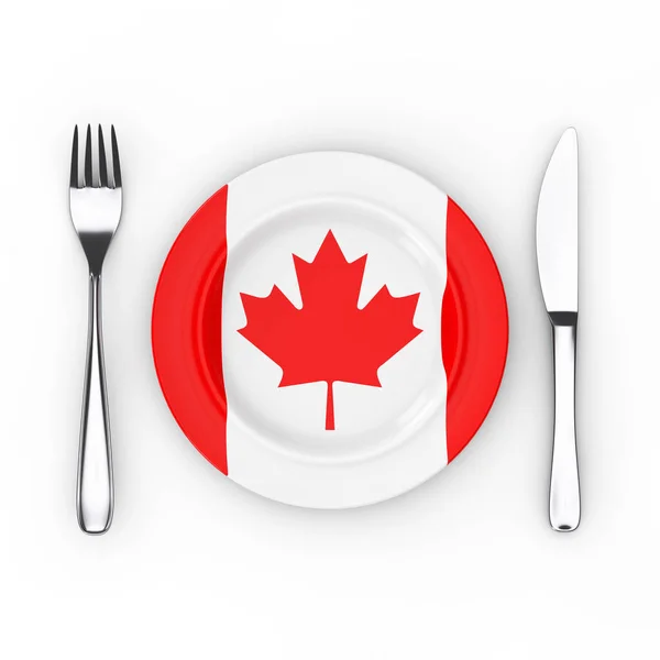 Canadian Food Cuisine Concept Fork Knife Plate Canada Flag White — Stock Photo, Image