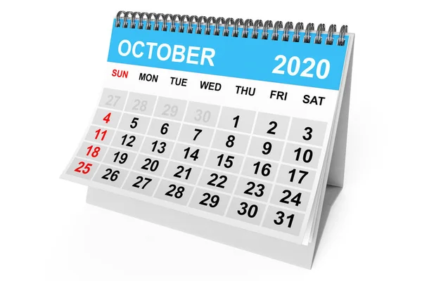 2020 Rok Kalendarz Ocotber Białym Tle Renderowanie — Zdjęcie stockowe