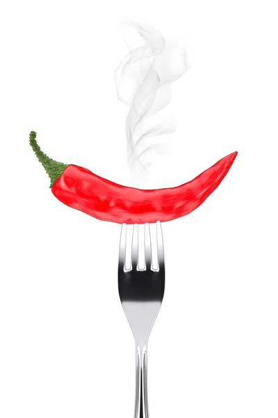 Kırmızı Chili Pepper Beyaz Arka Planda Chrome Fork Ile Sıkıştı — Stok fotoğraf