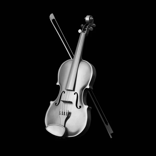 Violín Clásico Plata Con Arco Sobre Fondo Negro Renderizado — Foto de Stock