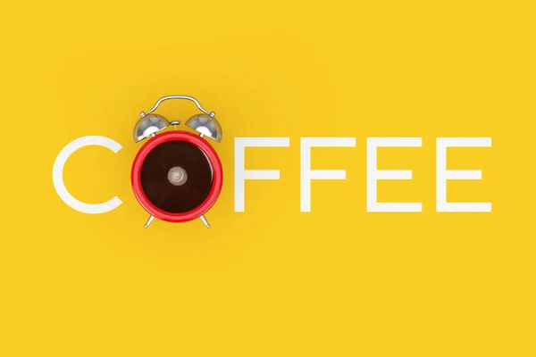 Budzik Zegar Filiżanka Black Coffe Jako Kawa Znak Żółtym Tle — Zdjęcie stockowe