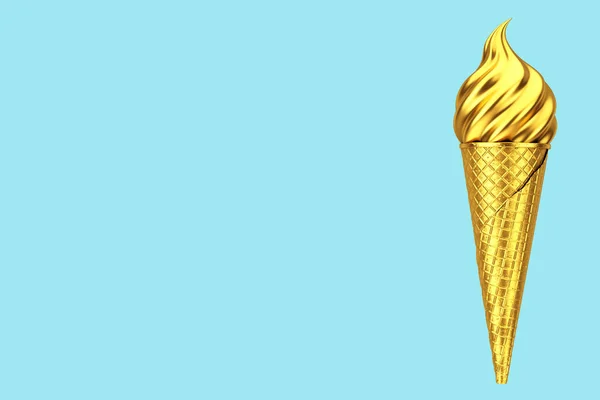 Gold Soft Serve Ice Cream in Golden Waffle Crispy Ice Cream Cone on a blue background. 3d Rendering