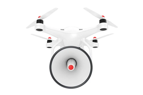 Drone Com Megafone Bullhorn Fundo Branco Renderização — Fotografia de Stock