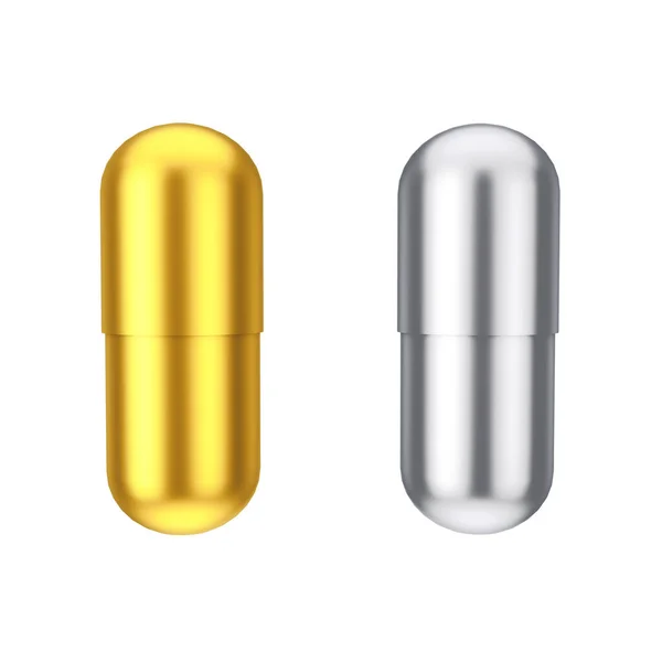 Golden Silver Medical Pharmaceutical Drug Capsule Pillen Een Witte Achtergrond — Stockfoto