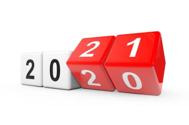 2020 'den 2021' e beyaz arka planda geçiş yapan bloklar. 3d Hazırlama