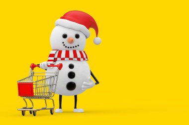 Sarı arka planda alışveriş arabası tramvayı olan Noel Baba Şapkalı Kardan Adam. 3d Hazırlama