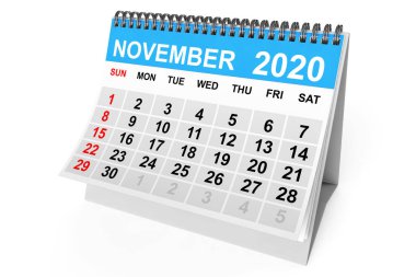 2020 Kasım takvimi beyaz arka planda. 3d oluşturma