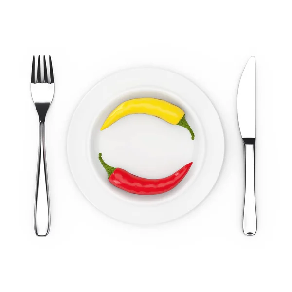 Fork Knife Plate Red Yellow Chili Pepper Top View White — Stock Photo, Image