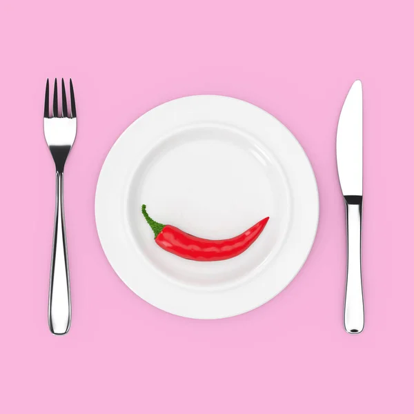 Вилка Нож Возле Плиты Red Chili Pepper Top View Розовом — стоковое фото