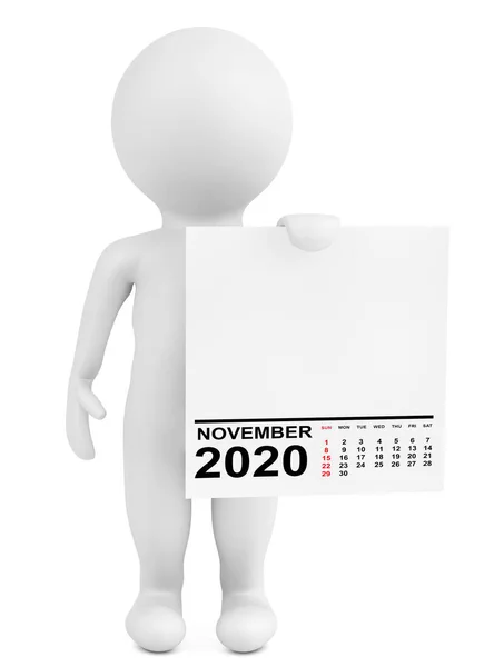 Calendário Character Holding Novembro 2020 Ano Fundo Branco Renderização — Fotografia de Stock