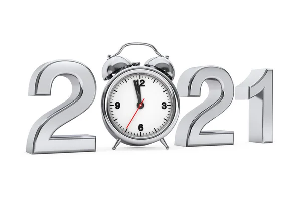 Koncepcja Nowego Roku 2021 2021 Stalowy Znak Budzikiem Białym Tle — Zdjęcie stockowe