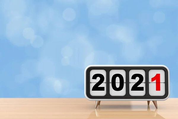 Retro Flip Clock 2021 New Year Sign Wooden Table Rendering — Stock Photo, Image