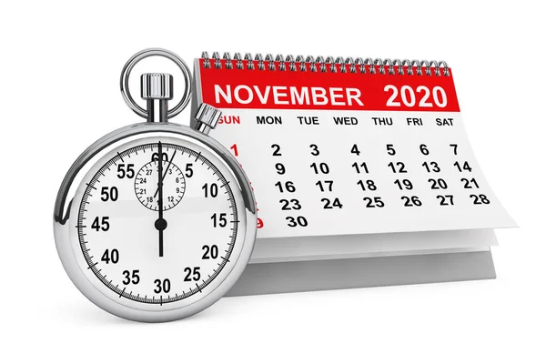 2020 Année Novembre Calendrier Avec Chronomètre Sur Fond Blanc Rendu — Photo