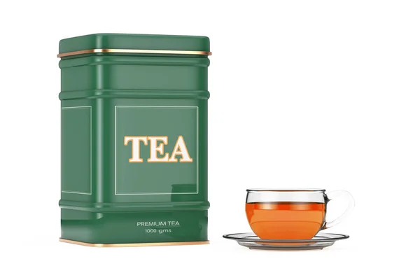 Metal Green Tea Box Met Kopje Thee Een Witte Achtergrond — Stockfoto