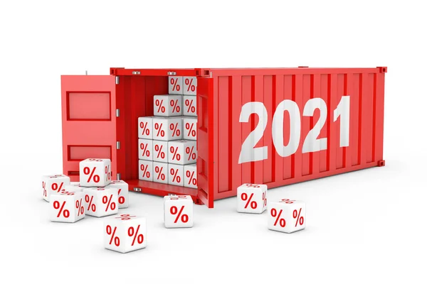 2021 Nový Rok Red Cargo Přepravní Kontejner Slevou Procento Kostky — Stock fotografie