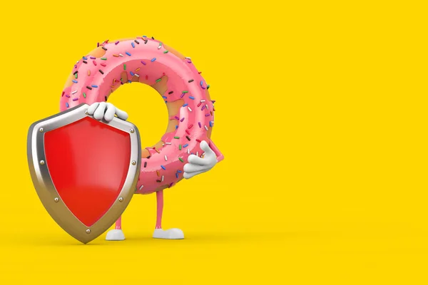 Big Strawberry Pink Glazed Donut Character Mascot Red Metal Protection — Stock Photo, Image