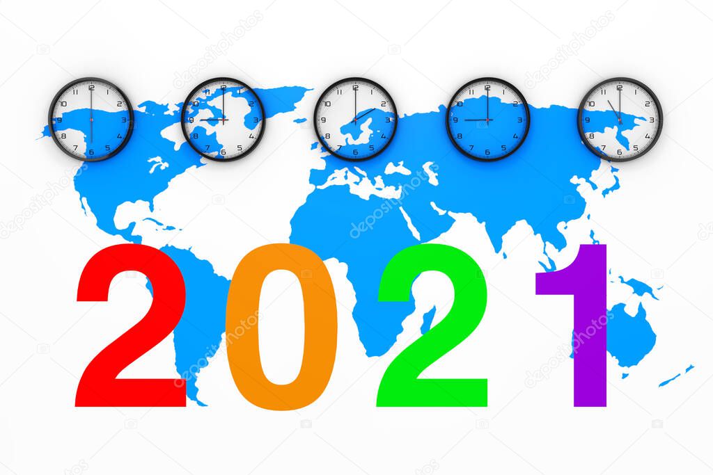 Set of Clocks with Different World Time, Blue World Map and New 2021 Year Sign on a white background. 3d Rendering