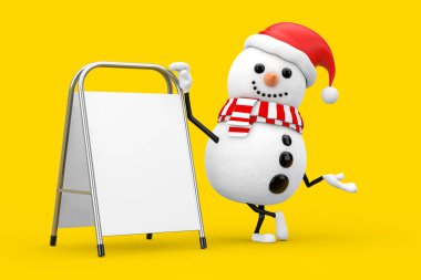 Sarı arka planda Beyaz Boş Reklam Standı olan Noel Baba Şapkalı Kardan Adam Maskotu. 3d Hazırlama