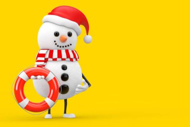Sarı arka planda Yaşam Şamandırası olan Noel Baba Şapkalı Kardan Adam Maskotu. 3d Hazırlama