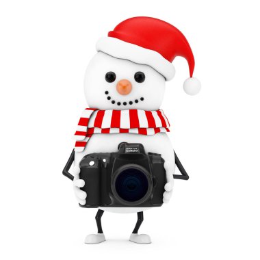 Beyaz arka planda Modern Dijital Fotoğraf Kameralı Noel Baba Şapkalı Kardan Adam Maskotu. 3d Hazırlama