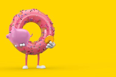 Büyük Çilekli Pembe Donut Karakteri Maskotu, üzerinde Piggy Bank ve sarı arka planda Altın Dolar madeni parası var. 3d Hazırlama