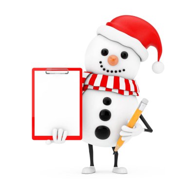 Sarı arka planda Kırmızı Plastik Pano, Kağıt ve Kalem ile Noel Baba Şapkalı Kardan Adam Maskotu. 3d Hazırlama