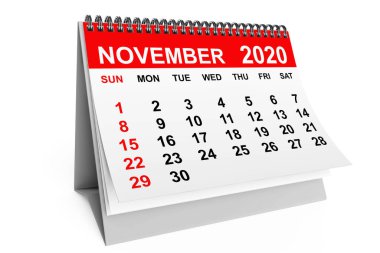 2020 Kasım takvimi beyaz arka planda. 3d oluşturma