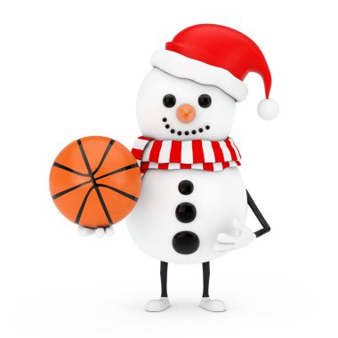 Beyaz arka planda basketbol topu olan Noel Baba Şapkalı Kardan Adam. 3d Hazırlama