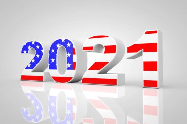 Gri arka planda ABD Bayrağı olarak 2021 yılbaşı tabelası. 3d Hazırlama