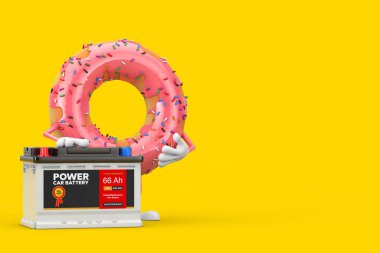 Büyük Çilek Pembe Donut Karakteri Maskotu ve Soyut Etiketli Şarj Edilebilir Araba Bataryası 12V Akümülatörü sarı arka planda. 3d Hazırlama