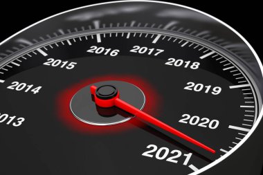 Siyah arka planda kavramsal 2021 yılbaşı hız göstergesi. 3d Hazırlama