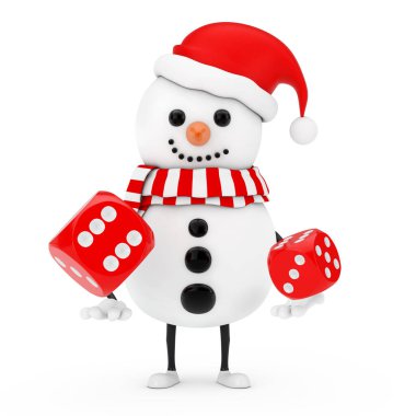 Noel Baba Şapkalı Kardan Adam Kırmızı Oyun Zar Küplü Maskotu beyaz arka planda. 3d Hazırlama