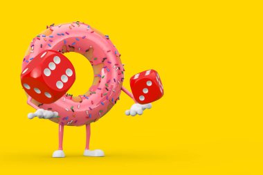 Büyük Çilekli Pembe Donut Karakteri Maskotu. Kırmızı Oyun Zar Küpleri Sarı arka planda. 3d Hazırlama